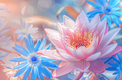 Abstract, flower and plant with lotus for floral wallpaper with pink, blue and flora. Zen, calm and relax with colorful in nature for botanical in harmony for meditation with wellness for beauty