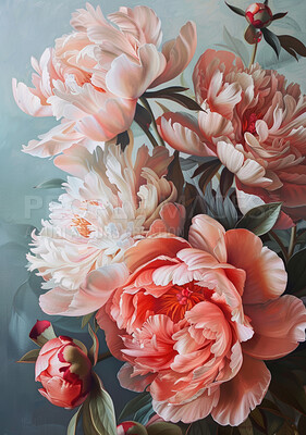 Flowers, creative and painting for art on canvas for abstract blooming with pink petals. Natural, watercolor and illustration of bouquet of peony floral plants with artistic technique for texture.