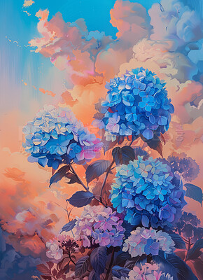 Flowers, plants and oil painting in nature of art with sky on background, wallpaper or 3d design of pattern. Leaves, floral and color in summer garden of drawing, illustration and graphic hydrangea