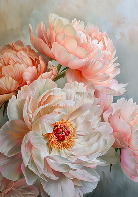 Flowers, colors and painting for art on canvas for abstract blooming with pink petals. Natural, creative and illustration of bouquet of peony floral plants with artistic technique for botanic texture