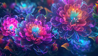 Digital flower or glowing neon for background or wallpaper, abstract or graphic with technology. Psychedelic floral, print or design with creative tools for futuristic Chrysanthemum, wow or cyberpunk