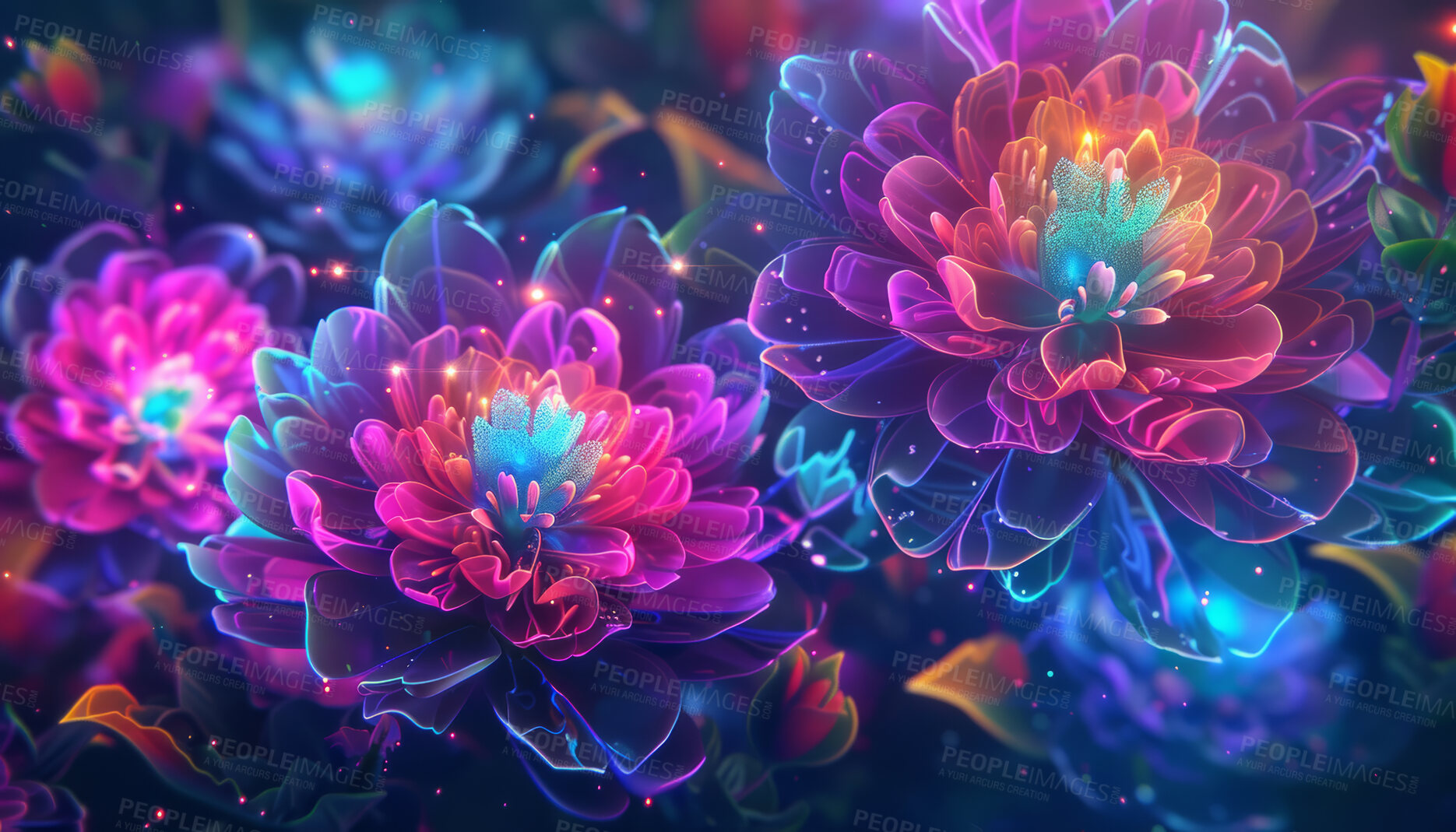 Buy stock photo Digital flower or glowing neon for background or wallpaper, abstract or graphic with technology. Psychedelic floral, print or design with creative tools for futuristic Chrysanthemum, 3d or cyberpunk