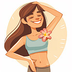 Girl, cartoon with flower on armpit for hygiene, floral scent or deodorant with natural body odor on yellow background. Illustration, graphic and animation with fresh smelling underarm for wellness