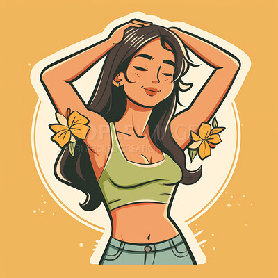 Woman, cartoon with flower on armpit for hygiene, floral scent or deodorant with natural body odor on yellow background. Illustration, graphic and animation with fresh smelling underarm for wellness
