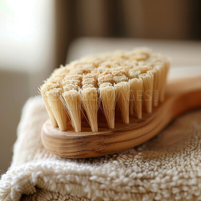 Body brush, closeup and scrub in bathroom for skincare, lymphatic drainage and exfoliation on towel. Cosmetics, hygiene and grooming equipment for self care, wellness or cleaning for bodycare in home