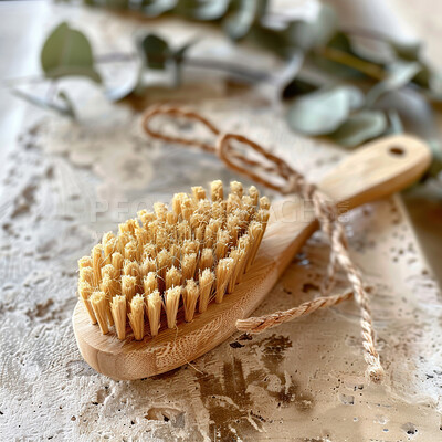 Body brush, closeup and scrub in bathroom for skincare, lymphatic drainage and exfoliation in salon. Cosmetics, hygiene and grooming equipment for self care, wellness or cleaning for bodycare in home