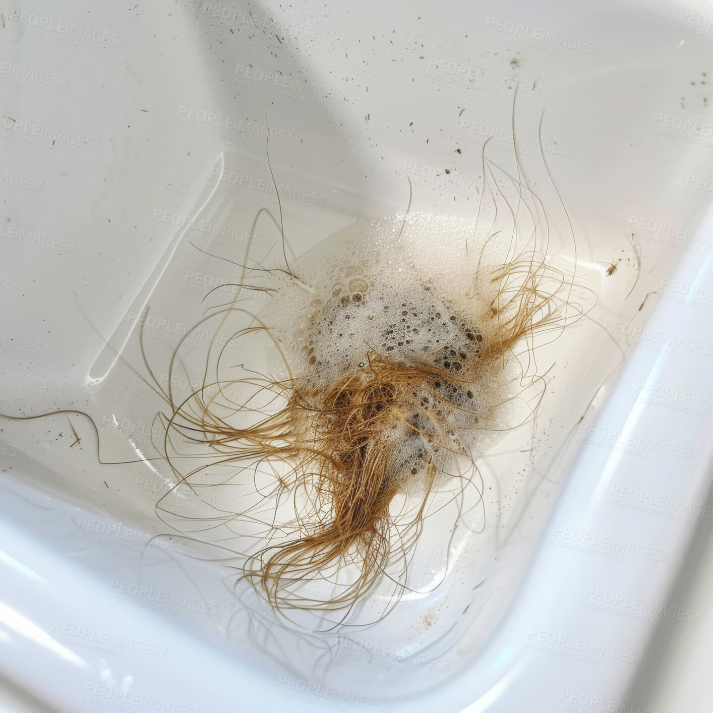 Buy stock photo Basin, problem or hair loss in house with alopecia, stress or bald disaster, crisis or cancer, chemotherapy or results. Plumbing, mistake or drain block in bathroom sink for pipe, maintenance or fail