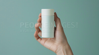 Skincare, hands and person in studio for bottle product for beauty, wellness or cosmetic mockup on green background. Dry skin, fingers and model show dermatology lotion for eczema, acne or psoriasis