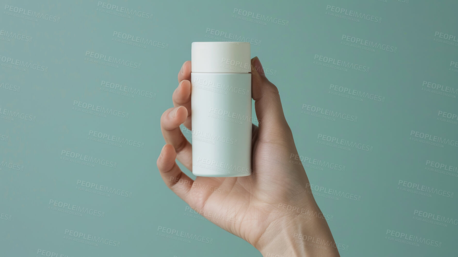 Buy stock photo Skincare, hands and person in studio for bottle product for beauty, wellness or cosmetic mockup on green background. Dry skin, fingers and model show dermatology lotion for eczema, acne or psoriasis