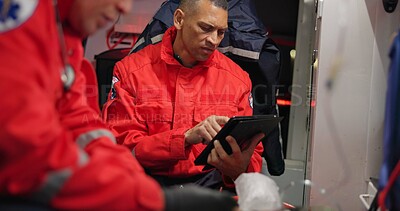 Talking, man and a tablet at sea for rescue emergency, communication and training at sea. Teamwork, digital and a medical employee working on a boat with tchnology for service, analysis or research