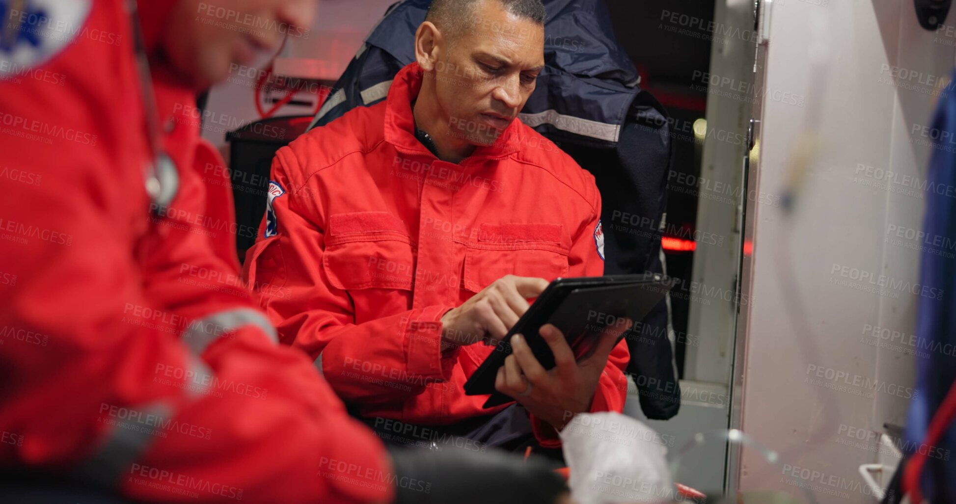 Buy stock photo Talking, man and a tablet at sea for rescue emergency, communication and training at sea. Teamwork, digital and a medical employee working on a boat with tchnology for service, analysis or research