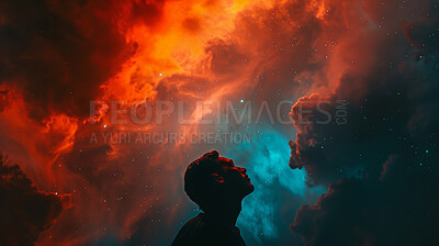 Cloud, fantasy and silhouette of person on orange background for ethereal or spiritual faith. Cosmic, galaxy and universe with dark figure in prayer to God for magic miracle on nebula or stars