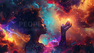 Black woman, spirituality and universe galaxy in sky for psychedelic cosmic, prophecy or creative. Female person, art and colorful lighting storm in clouds with stars for zodiac, horoscope or mystic