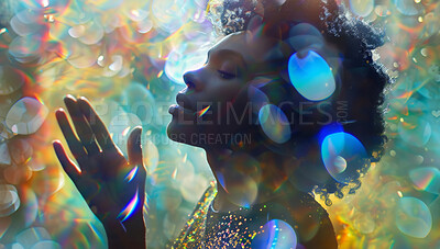 Double exposure, galaxy and woman with meditation for abstract dream of colorful clouds or zen in universe. Sky, cosmic and person praying by psychedelic, spiritual and space background with stars.