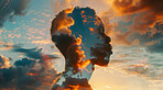 Spiritual, prayer and faith for man, double exposure and clouds in sky, worship and religion of God. Christian, male person and respect for heaven, Christ and peace for soul, belief and profile