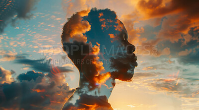 Spiritual, prayer and faith for man, double exposure and clouds in sky, worship and religion of God. Christian, male person and respect for heaven, Christ and peace for soul, belief and profile