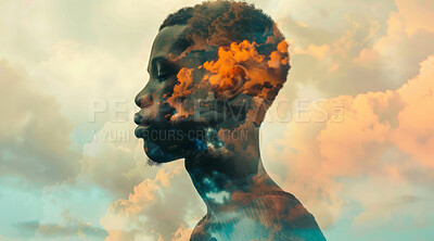 Double exposure, man and praying with clouds, peace and calm with meditation and mindfulness. Person, sky and psychedelic with thoughts or universe with freedom and galaxy with wellness and awareness