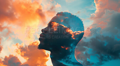Double exposure, man and spiritual with clouds, peace and zen with meditation and mindfulness. Person, sky and psychedelic with wellness or universe with freedom and galaxy with awareness and dream