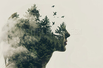 Woman, double exposure and nature with birds, trees and vision for sustainability, ecology and thinking. Person, forest or woods with perspective for animal, plants and solution for climate change