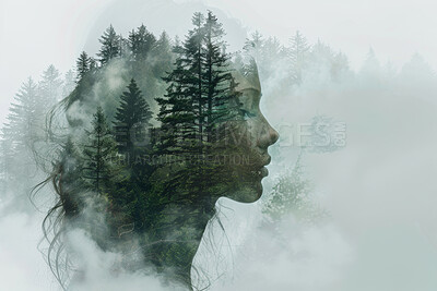Double exposure, face of woman and forest beauty for abstract, background or concept of conservation. Environment, nature and trees with person in composite ecosystem for art, creative or design