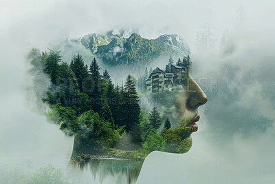 Double exposure, face of woman and trees in nature for abstract, background or concept of conservation. Environment, forest and profile with person in composite ecosystem for art, creative or design