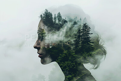 Double exposure, face of woman and forest environment for abstract, background or concept of conservation. Nature, profile and trees with person in composite ecosystem for art, creative or design