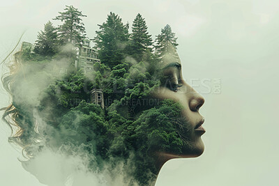 Buy stock photo Double exposure, profile of woman and forest environment for abstract, background or green conservation. Face, nature and trees with person in composite ecosystem for art, creative or design