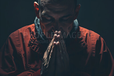 Hands, praying and man with hope for religion by black background with faith, guidance and gratitude. Christian, blessing and person with spiritual, trust or worship for belief and growth with prayer
