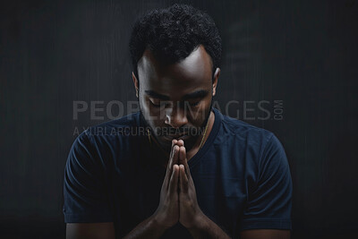 Faith, christian and praying black man in dark background with trust, hope or gratitude with prayer. Religion, male person and hands together to seek guidance, wisdom or blessings for personal growth
