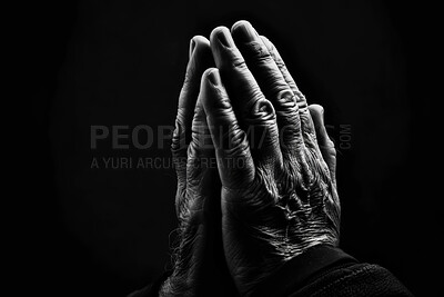 Faith, christian and praying hands in dark background with trust, hope and gratitude with prayer. Mockup space, spirituality and religion to seek guidance, wisdom or blessings for personal growth