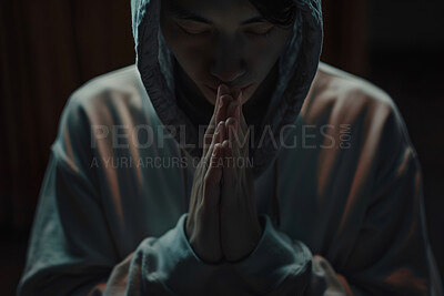 Trust, christian and praying man in dark background with faith, hope and gratitude with prayer. Religion, male person and hands together to seek guidance, wisdom or blessings for personal growth