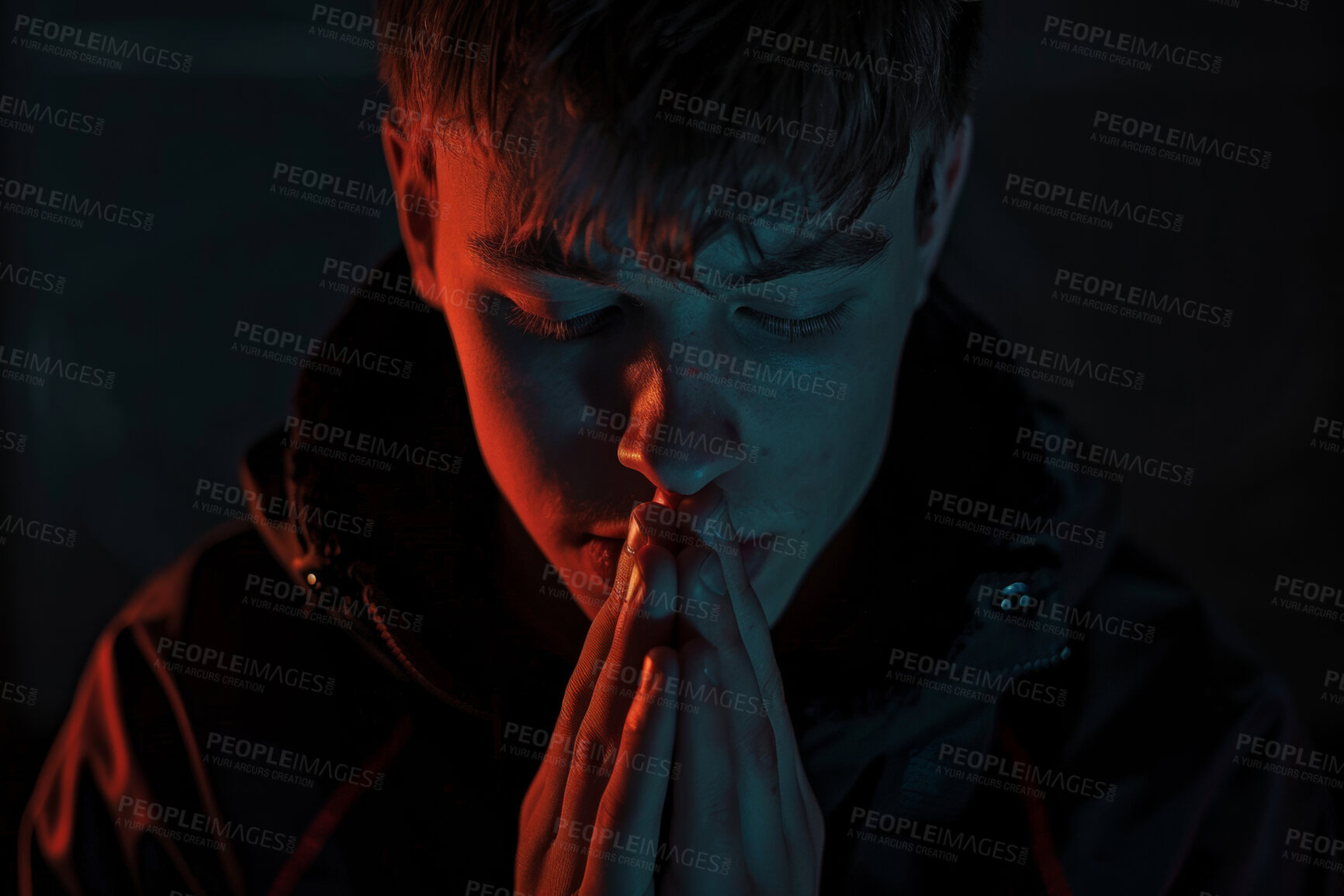 Buy stock photo Hope, christian and praying man in dark background with trust, faith and gratitude with prayer. Religion, male person and hands together to seek guidance, wisdom or blessings for personal growth