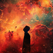 Fantasy, galaxy and silhouette of person with stars for futuristic ...