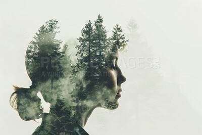 Double exposure, woman and profile, peace and nature of forest, silhouette and tree with life and spiritual. Relax, female person and face, meditation and thinking, mockup space and art with leaves