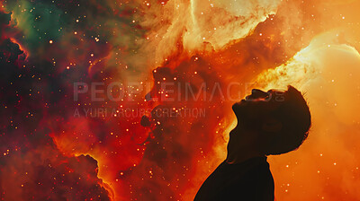 Cosmic, silhouette and sky with person on orange background for ethereal or spiritual faith. Fantasy, galaxy or universe with dark figure in prayer to God for magic miracle on surreal nebula or stars