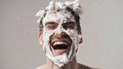 Buy stock photo Man, laughing and foam on face in studio with skincare for wellness with soap for shaving with care. Cream, smile and joke with comic relief for meme with comedy, crazy and happy for satisfaction