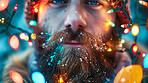 Man, portrait and Christmas lights in snow as closeup in cold weather or festive holiday, outdoor or winter. Male person, face and beard for Santa Claus vacation or merry, ice flakes or decoration 