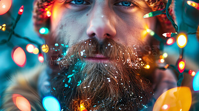 Buy stock photo Man, portrait and Christmas lights in snow as closeup in cold weather or festive holiday, outdoor or winter. Male person, face and beard for Santa Claus vacation or merry, ice flakes or decoration 