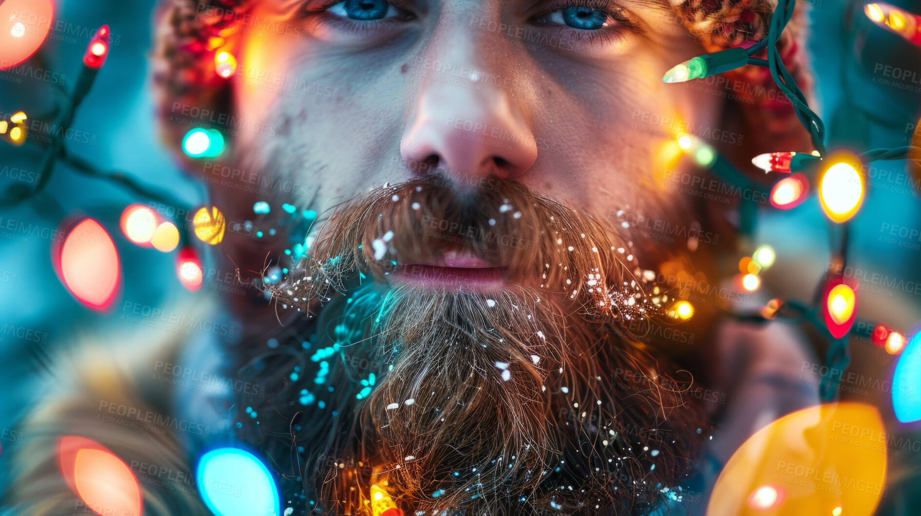 Buy stock photo Man, portrait and Christmas lights in snow as closeup in cold weather or festive holiday, outdoor or winter. Male person, face and beard for Santa Claus vacation or merry, ice flakes or decoration 