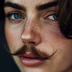 Gender neutral, portrait and queer person with mustache for lgbtq community, transgender and non binary human rights or pride month. Woman, healthcare and serious with skin, hirsutism and melasma