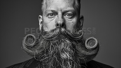 Buy stock photo Gentleman, greyscale portrait and beard for retro, style and thick facial hair for treatment. Vintage, hipster and moustache with rich, elegant or confidence for fashion isolated on studio background