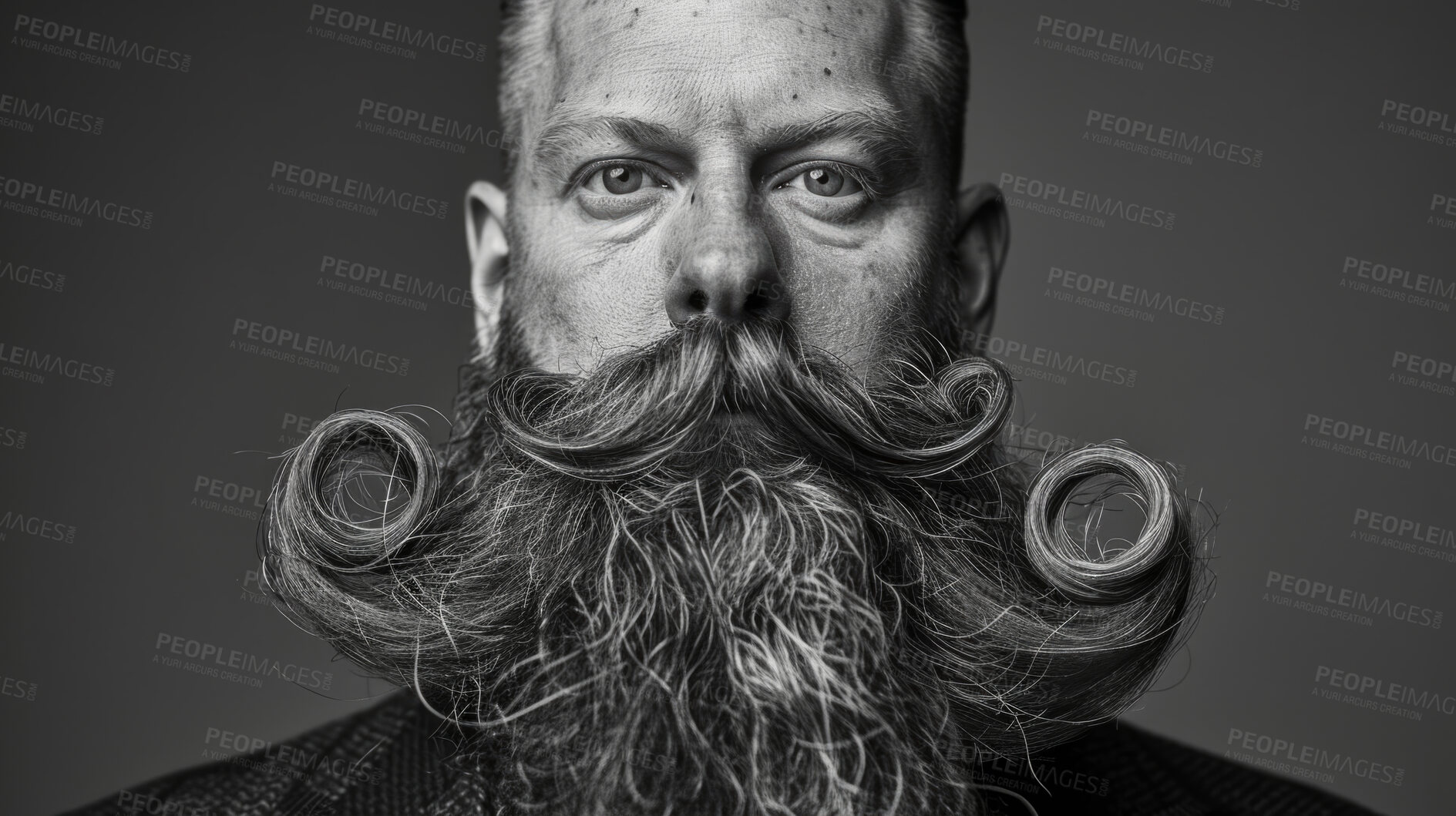 Buy stock photo Gentleman, greyscale portrait and beard for retro, style and thick facial hair for treatment. Vintage, hipster and moustache with rich, elegant or confidence for fashion isolated on studio background