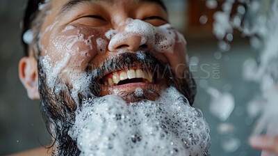 Beauty, face and soap with asian man in bathroom closeup for cleaning, hydration or hygiene. Skincare, water in shower and smile with happy person washing beard or skin for morning cleanse routine