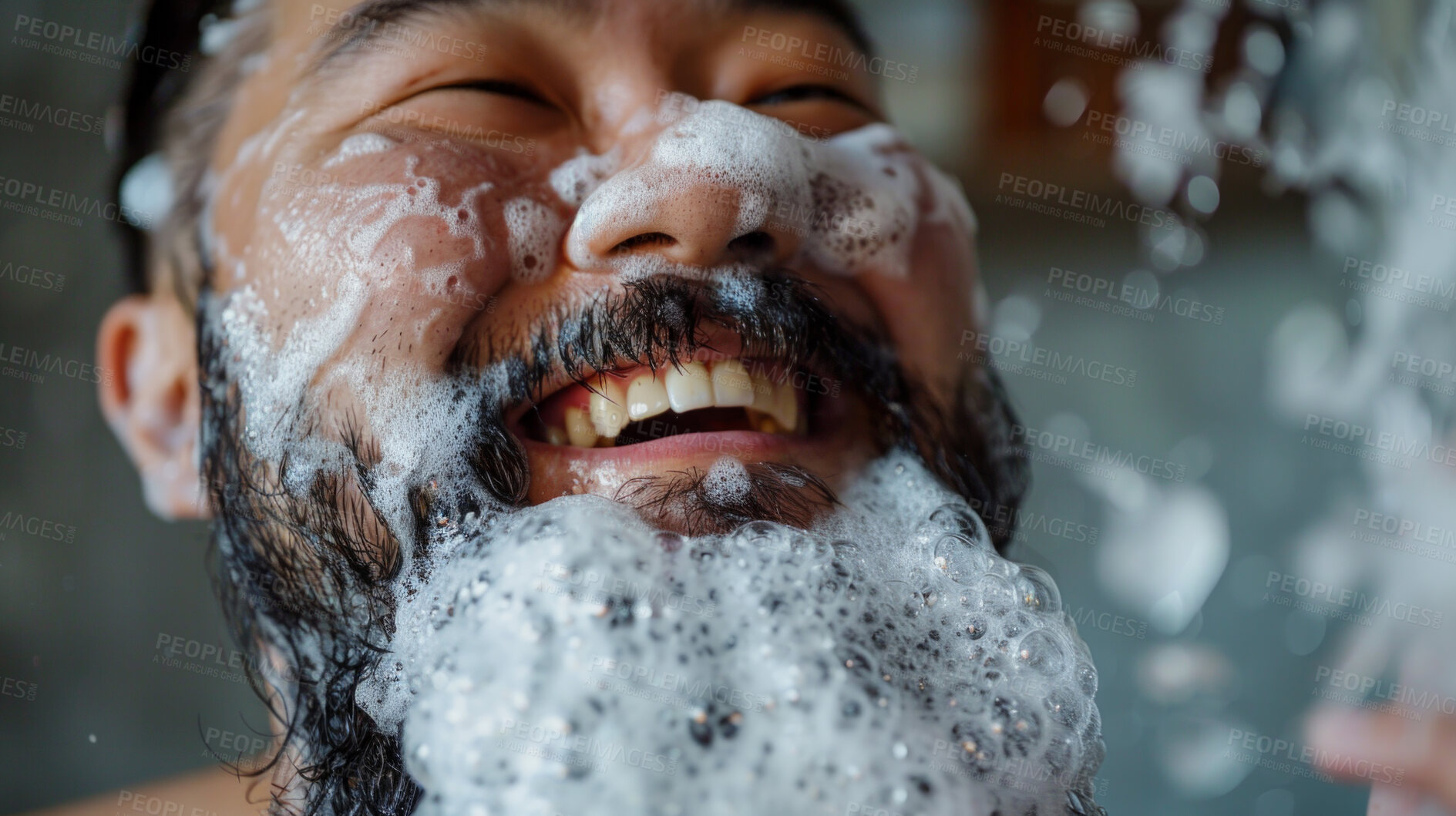 Buy stock photo Beauty, face and soap with asian man in bathroom closeup for cleaning, hydration or hygiene. Skincare, water in shower and smile with happy person washing beard or skin for morning cleanse routine