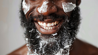 Buy stock photo Beard, shaving and black man with smile, grooming and self care or beauty. Face, closeup or facial hair removal and hygiene or maintenance for male person, product and shave foam for skincare or spa 