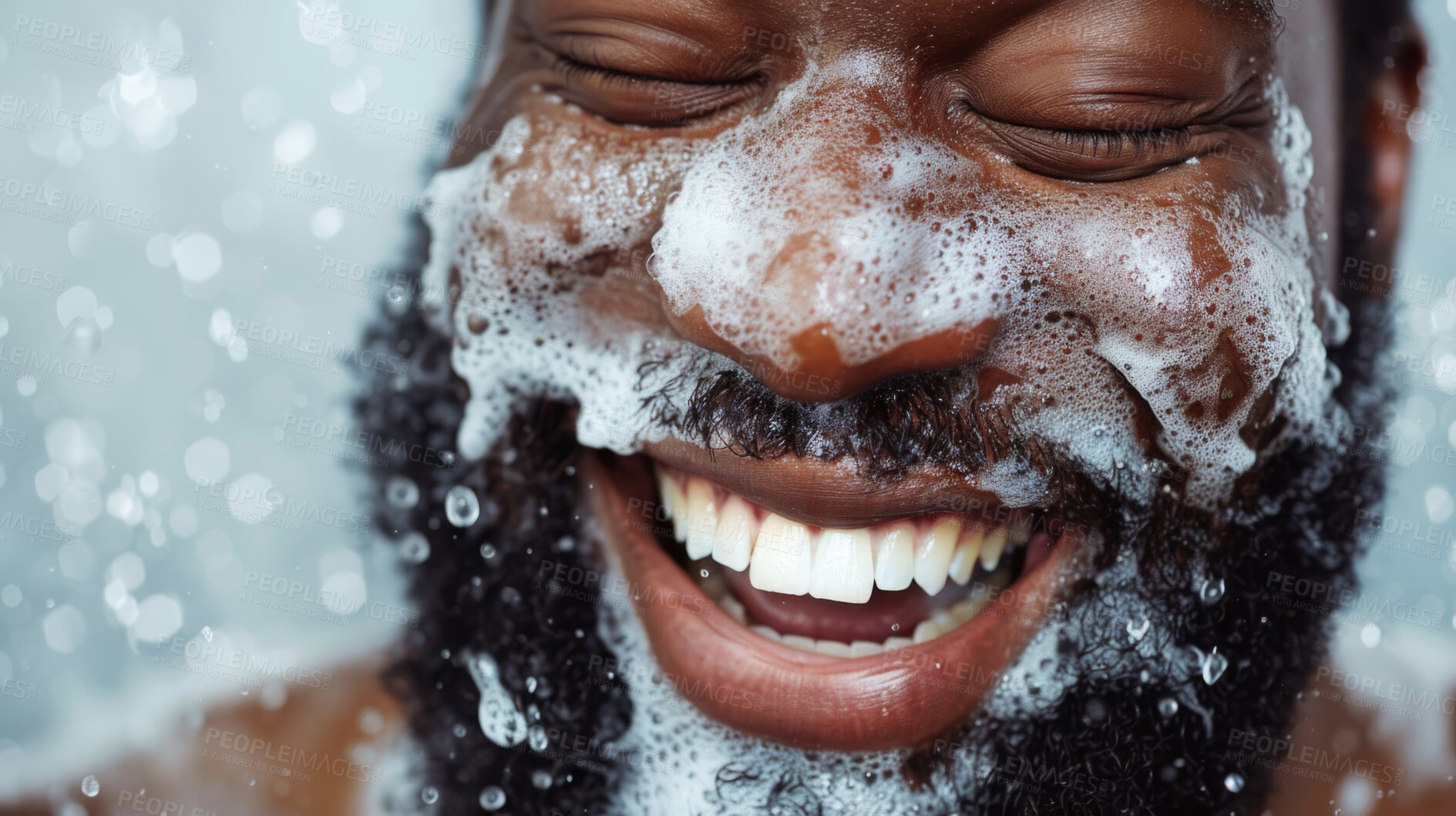 Buy stock photo Soap, face and black man with smile, shower and hygiene in bathroom of house, relax and happiness. Home, bath and male person with beard, water and clean, skin and body for health and self care