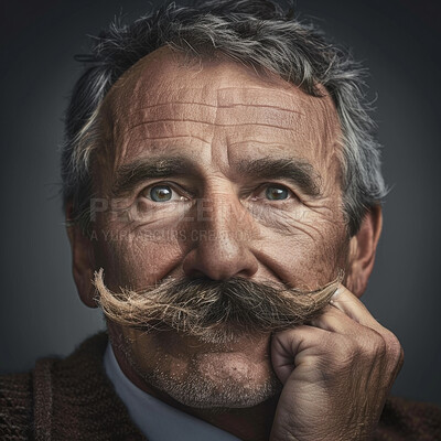 Vintage, mustache and portrait of senior man in dark background for retirement, memories and sentimental. Face, retro and gentleman with beard for aging, pension and veteran or mature in studio