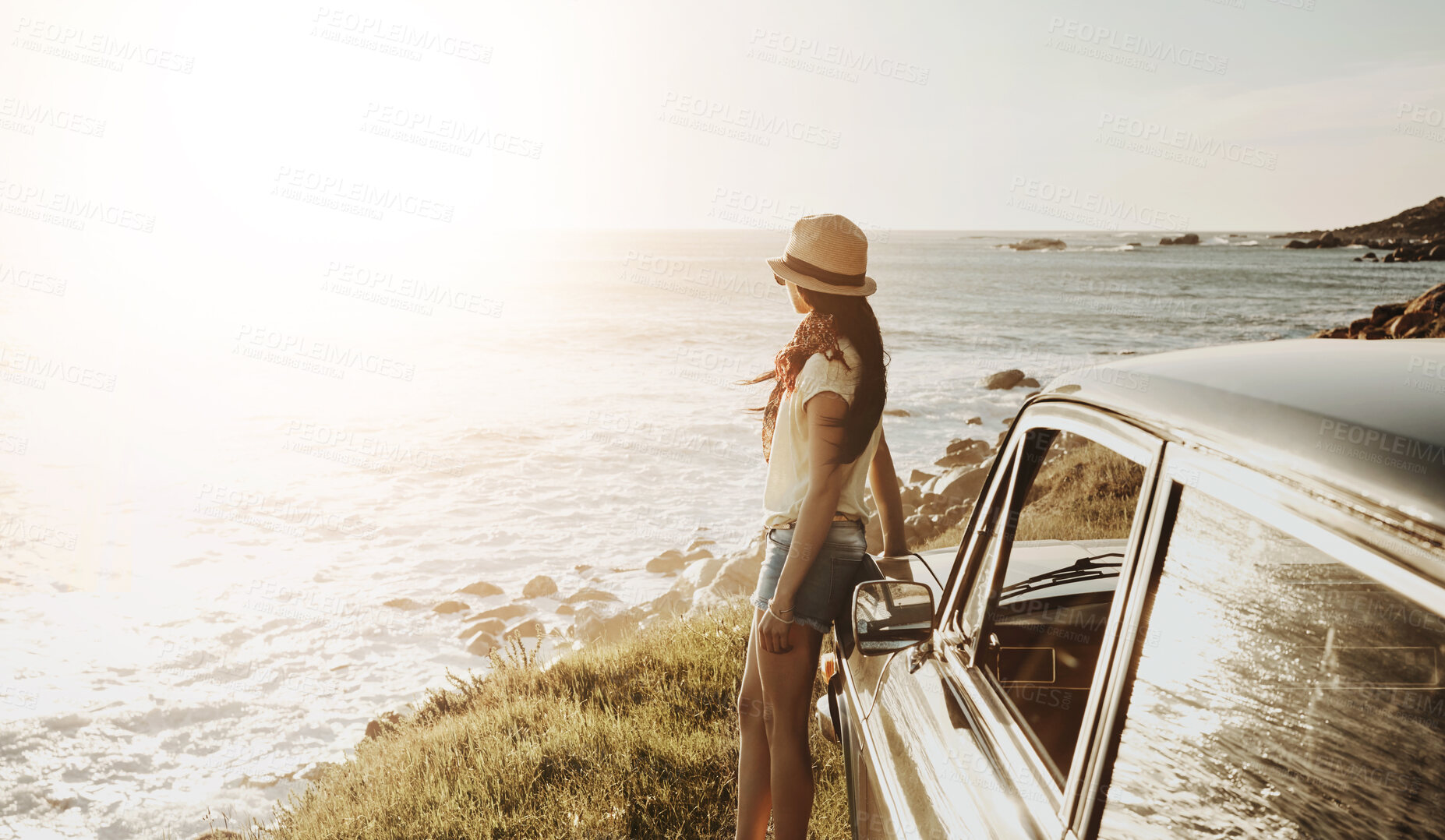 Buy stock photo Car, journey and woman with view of ocean for summer vacation, holiday and thinking in sunshine. Drive, travel and person at beach with transport for road trip, break or outdoor sightseeing in Italy