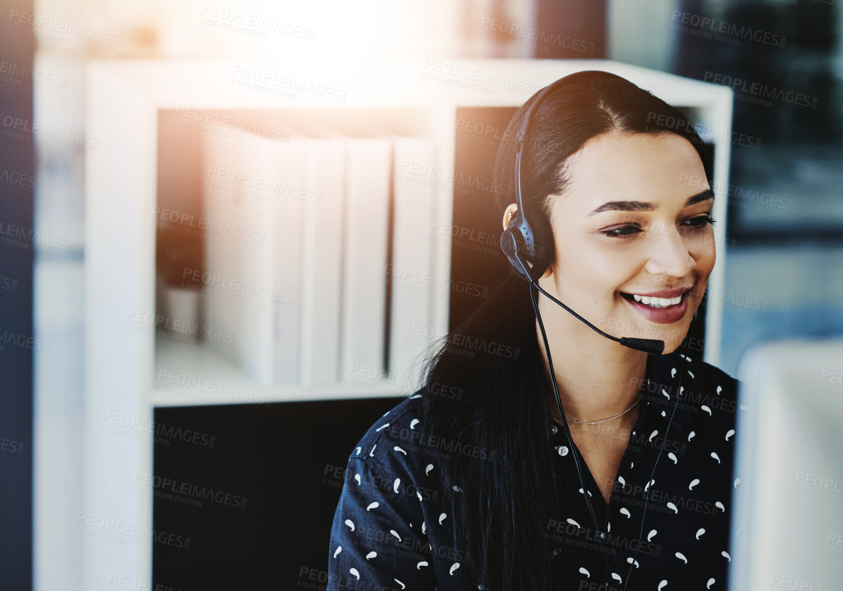 Buy stock photo Woman, headset and call center in office, crm and customer service for conversation and online support. Smile, telemarketing and consultant for career, operator and female person for hotline agent