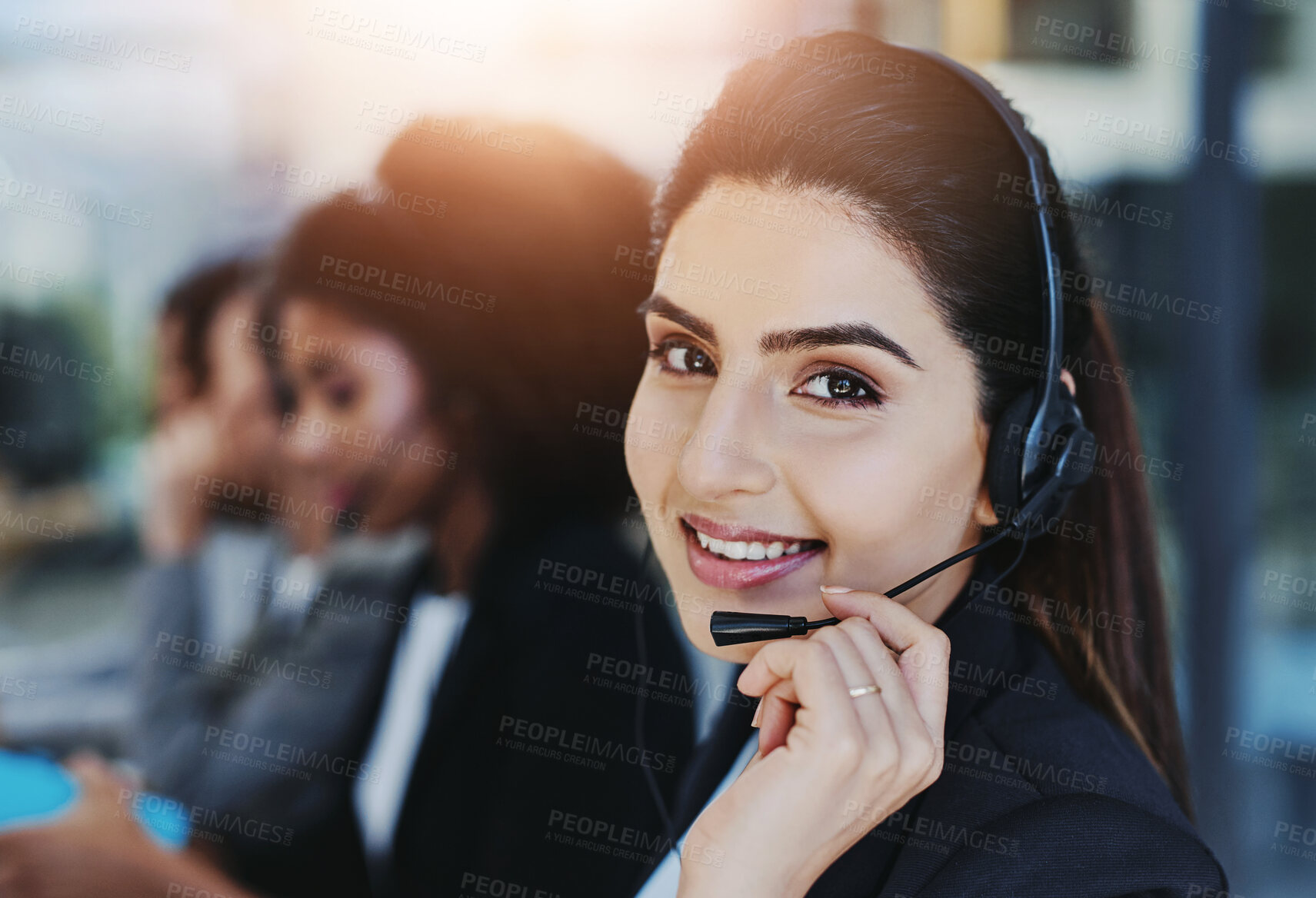 Buy stock photo Woman, portrait and smile in call center with headset for customer service, crm and help or consulting. Agent, headphones and communication with clients for question, information or technical support